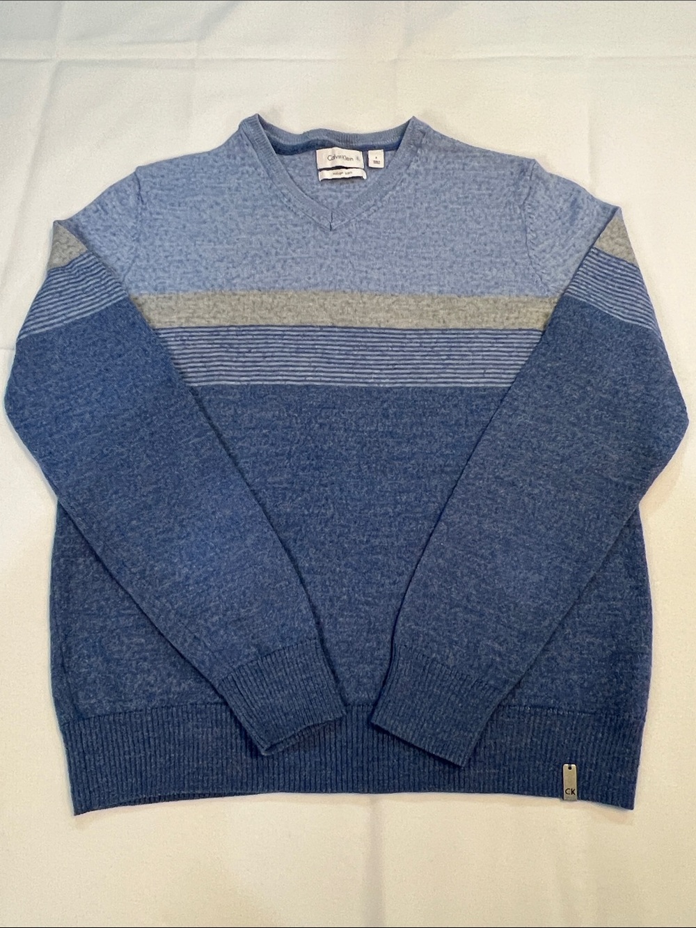 Calvin Klein Women’s Two-Tone Blue Crewneck Sweater with Gray Stripe